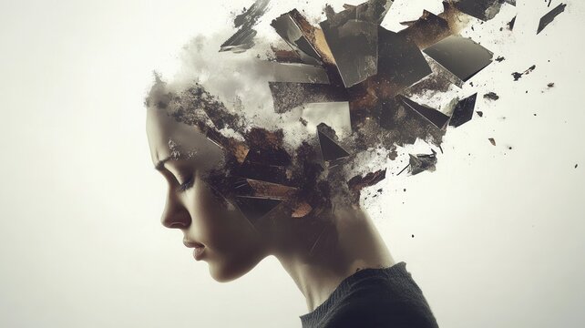 Profile of a young woman with her head exploding into pieces, representing mental health issues and emotional stress trauma