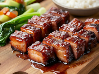 A thinly slicedc with a deep red caramelized glaze, arranged on a dark ceramic plate. Chinese food. 