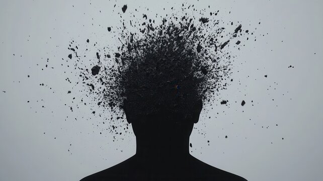 Profile of a man with fire and fragments exploding from his head, symbolizing stress, burnout, and mental health issues trauma