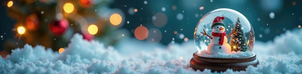 Frosty snowman and miniature Christmas decorations in a snow globe, ornaments, snowman