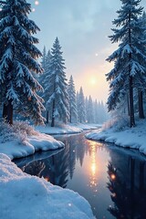 Frosty trees with sparkling lights, frozen lake, snowy forest, peaceful, winter