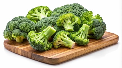 Fresh Broccoli Florets on Wooden Cutting Board isolated on white background-Fresh, vibrant broccoli florets arranged on a wooden cutting board, perfect for cooking or preparing healthy meals.