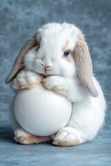 Obraz premium Adorable Fluffy Lop-eared Bunny Gently Holding a Large White Egg