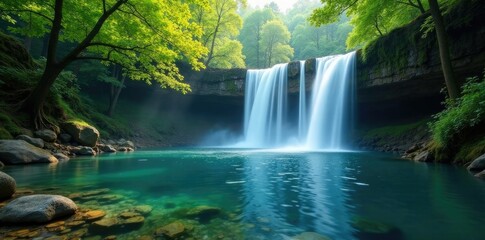 Misty waterfall cascading into crystal clear lake, nature, stream, misty