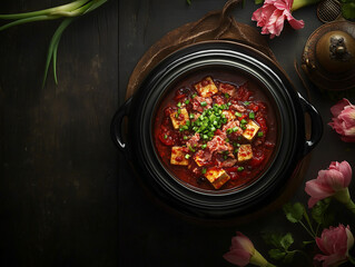 Sichuan-style Mapo Tofu  with soft tofu cubes drenched in a spicy, bright red chili and Sichuan pepper sauce, topped with minced pork. Chinese food. 