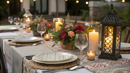 Naklejka premium An elegantly set outdoor dining table, perfect for a festive celebration or party. The table is decorated with candles, floral arrangements, and a vintage lantern.