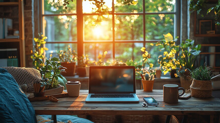 Stylish Home Office with Laptop and Coffee