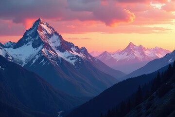 Fototapeta premium Mountain ranges at sunset, snow-capped peaks in the distance, distant, snow, peaks