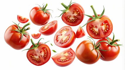 Tomatoes and Sliced Halves Floating in the Air isolated on white background-Fresh whole tomatoes and sliced halves appear to float in the air, showcasing their vibrant red color and juicy interior.