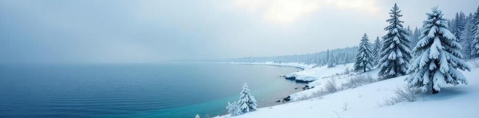 Murmansk region coastline with soft focus snow-covered trees, cold climate, arctic landscape