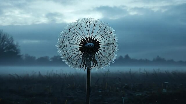 Dandelion seed head in foggy field at dawn; nature background, website header