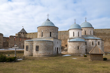 Fototapeta premium In the ancient Ivangorod fortress on a March day. Leningrad region, Russia