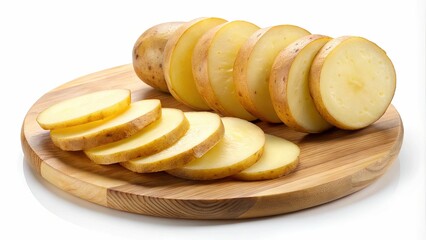 Sliced Potato on Wooden Cutting Board isolated on white background-A series of potato slices arranged neatly on a wooden cutting board, highlighting their smooth texture.