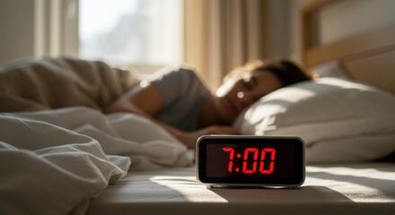 A cozy bedroom in soft morning light featuring a digital alarm clock on a bed with crumpled sheets