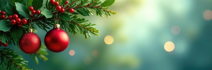 Ornaments and holly leaves create a lush and festive look on the branch, Christmas, decoration, branch