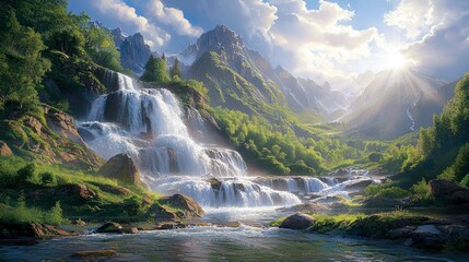 Fototapeta premium Majestic Waterfall in Mountain Landscape: A Serene Nature Scene