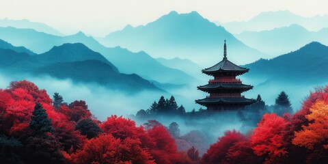 Obraz premium Tranquil japanese temple amidst autumn foliage and majestic mountains japan landscape serene environment panoramic view