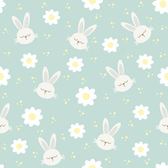 Rabbit, flower and circle pattern seamless. Animal cartoon background. Easter design for fabric, wrapping, textile, wallpaper, apparel, pajamas, card, wrapping, stationary, phone cases.
