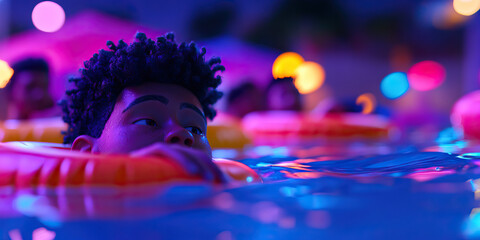 Young Boy in Swimming Pool at Night with Inflatable Floatation Device
