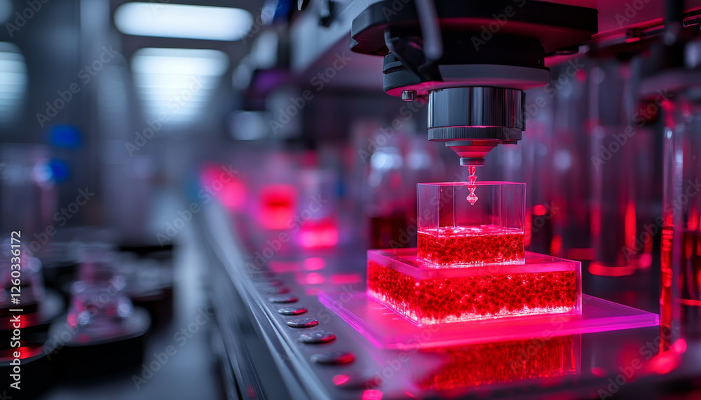 Poster high tech lab with 3d printer creating bioengineered materials