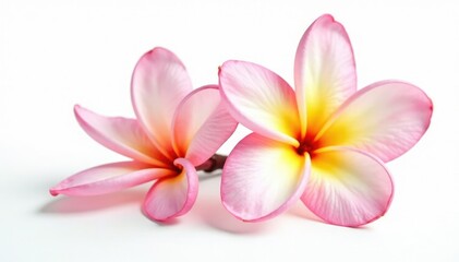 Fototapeta premium Single frangipani bloom against white background, petals, bloom, white