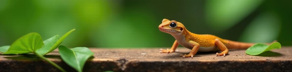 Fototapeta premium Small brown gecko on wooden plank with leaves, woodland creatures, leafy environment