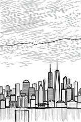 Obraz premium New York City skyline coloring page and line art drawing featuring famous buildings and a dramatic sky for creative coloring fun