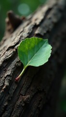 Single leaf clings to a desiccated trunk on dark surface, nature, wooden trunk, dead plants
