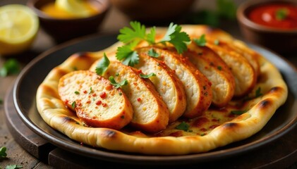 Sliced ghee roast chicken on toasted naan bread garnished with paprika, appetizer, flavors, ghee roast