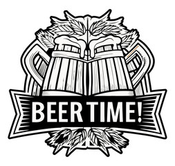 Obraz premium This vintage style illustration features two overflowing beer mugs topped with hop leaves, accompanied by a ribbon banner proclaiming beer time.