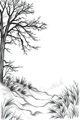 Obraz premium Coloring page line art drawing of a winter landscape with a tree and gentle slope covered in snow