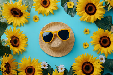 Sunny Beach Vibes with Straw Hat and Sunflowers on Blue Background
