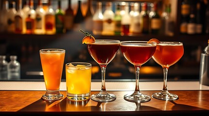 Naklejka premium Five cocktails on the bar counter