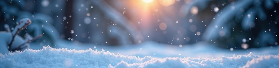 Snowflakes gently fall on a serene winter landscape, snowfall, cozy atmosphere