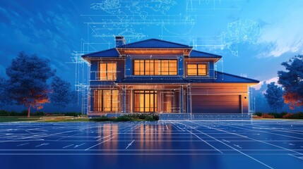House with blueprints laid out on the roof showing architectural design and construction planning