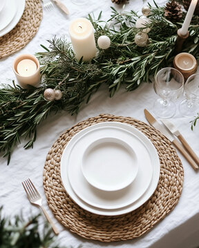 A modern minimalist Christmas table setting with white plates, woven placemats, wooden cutlery, candlelight, and fresh greenery, creating a cozy and elegant holiday dining atmosphere