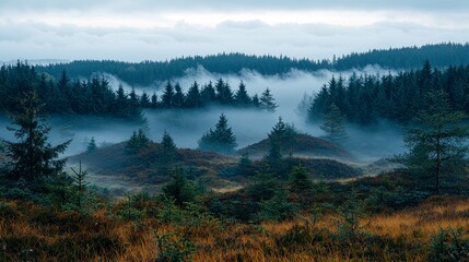 Fototapeta premium Misty Forest Landscape: Enchanting Autumn Scenery