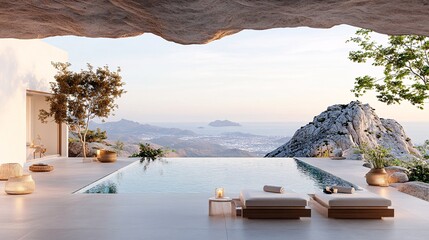 Fototapeta premium Tranquil Villa with Infinity Pool Overlooking Scenic Landscape and Sea in Sunset Lighting