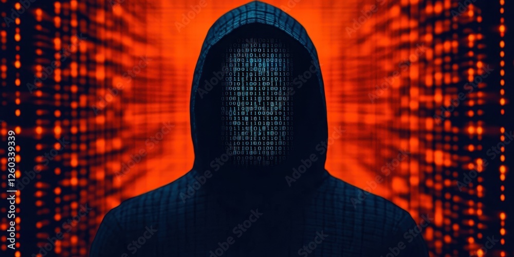 Poster cybercrime action hacker silhouette with binary code digital environment dark technology concept