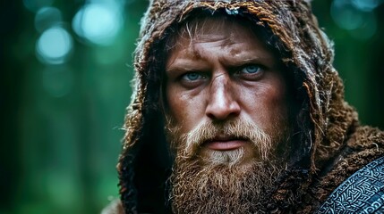 Intense Portrait of a Viking Warrior: A Mysterious and Powerful Gaze
