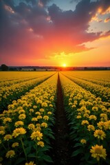 Obraz premium Sunset over a sea of yellow flowers in a vast field, horizon, vastness, colors