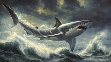 emerging from the ocean with its sleek form twisting into a fearsome leviathan, its fins elongating into spectral wings 