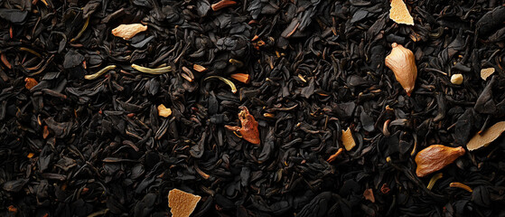 Loose black tea leaves with spices, textured close-up, organic herbal blend, dried tea composition, aromatic ingredients, dark natural infusion, exotic warm beverage, rustic dry leaf mixture