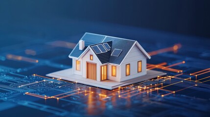 Green Tech climate tech and smart grid concept. Digital house model on a circuit board with glowing elements.