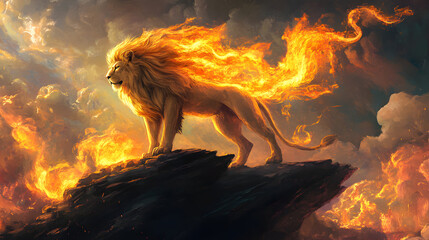 standing on a rocky cliff, its golden mane shifting into swirling flames as its body takes on a mythical form 