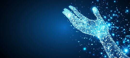 Hand Reaching Upwards Through Network Of Glowing Dots And Thin Lines On Dark Blue Background