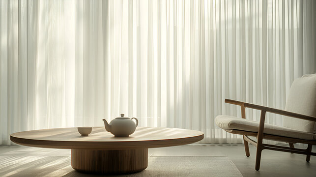 Minimalist living room featuring a wooden table with tea set and a chair by a sunlit window with sheer curtains.