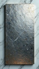 Thick silver metal horizontal slab isolated on marble background, luxurious, dark