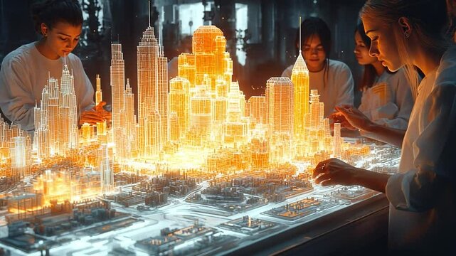 Visionaries at Work: Architects and urban planners meticulously examine a glowing model city, symbolizing innovation and futuristic urban development.