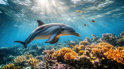Obraz premium Dolphin swims coral reef, sun rays, ocean